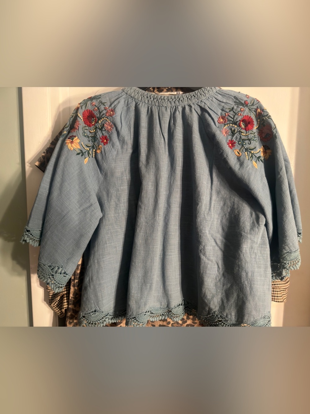Light Blue Embroidered Floral Peasant Top NWT - Picture 2 of 5
